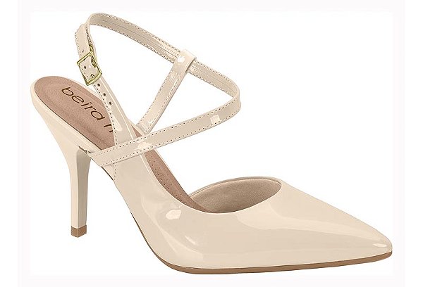 Scarpin Beira Rio Com Verniz  Salto Fino Tiras Com Fivela  Creme