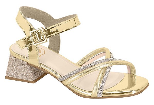 Sandalia Molekinha Tiras Com Strass Salto Bloco Com Gliter Metalizada  Dourado