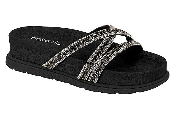 Papete Beira Rio Tiras Cruzadas Com Strass Formato Anatômico Preto/Grafite