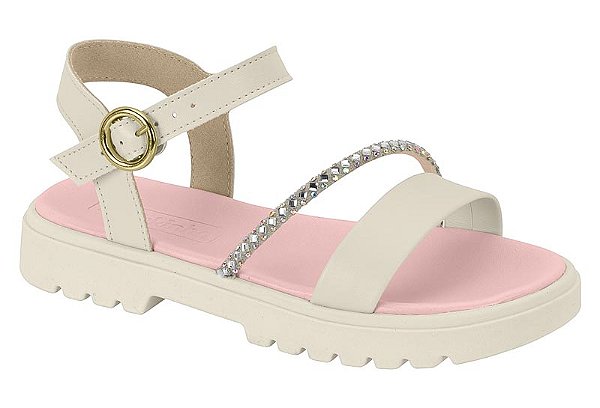 Sandalia Rasteira Molekinha Tira Com Strass Branco Off