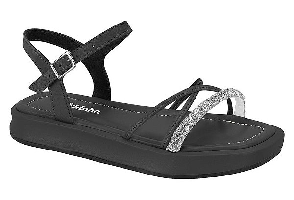 Sandalia Rasteira Infantil Molekinha Tira Com Strass Preto/Cristal-Silver
