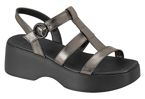 Sandália Flat Moleca Com Tiras Frontal E Fivela Metalizada Grafitte/Preto