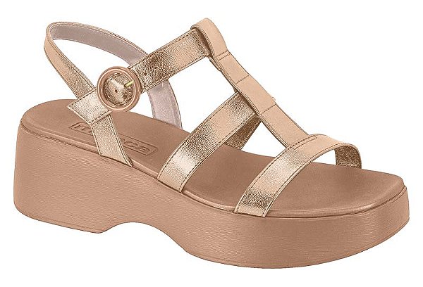 Sandália Flat Moleca Com Tiras Frontal E Fivela Metalizada Ouro Rosado/Nude