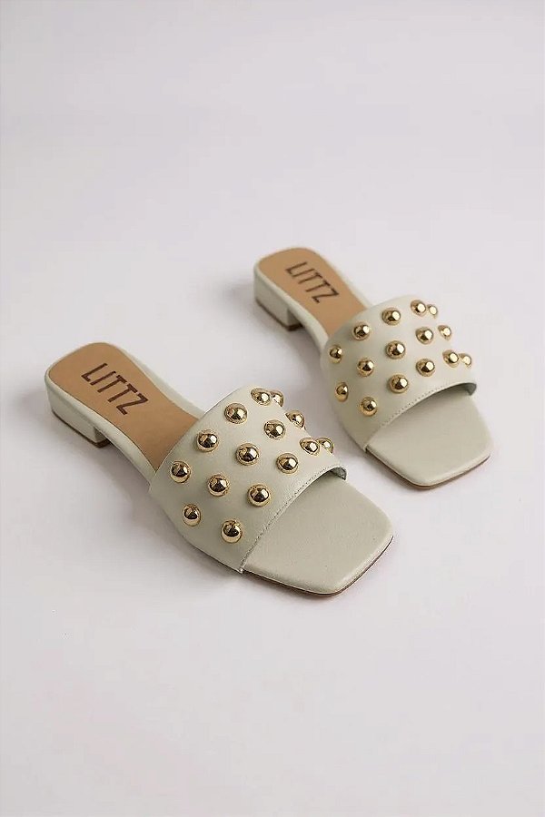 Tamanco Feminino Com Salto Baixo E Bolinha Com Brilho  Off White/Ouro