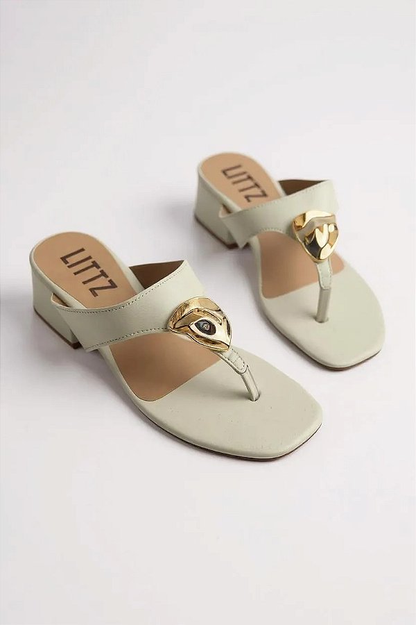 Tamanco Feminino Littz Com Salto Baixo  Off White/Ouro