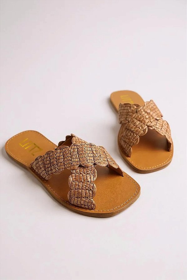 Sandalia Rasteira Feminina Littz Tiras Cruzadas  Caramelo