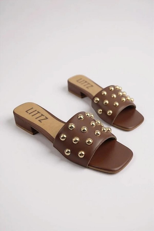 Tamanco Feminino Com Salto Baixo E Bolinha Com Brilho  Terra Ouro