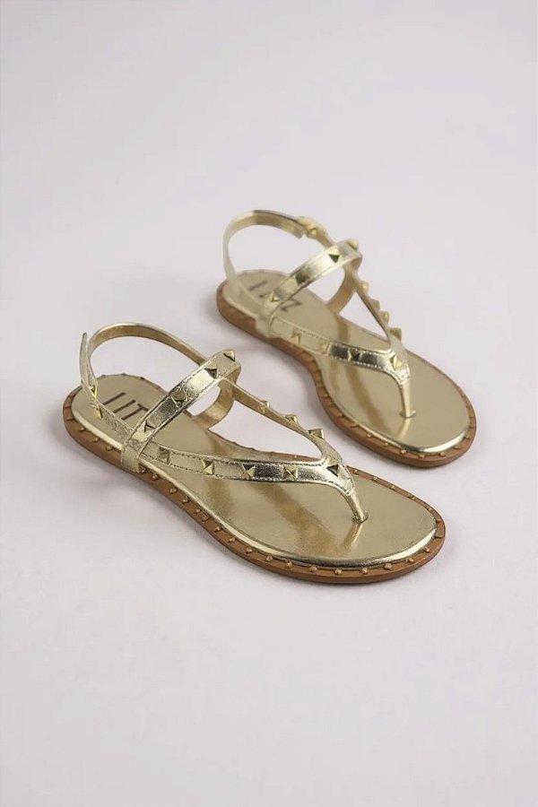 Sandália Feminina Littz Rasteira Tira Com Spikes E Fivela Ouro Light Esp/Ouro