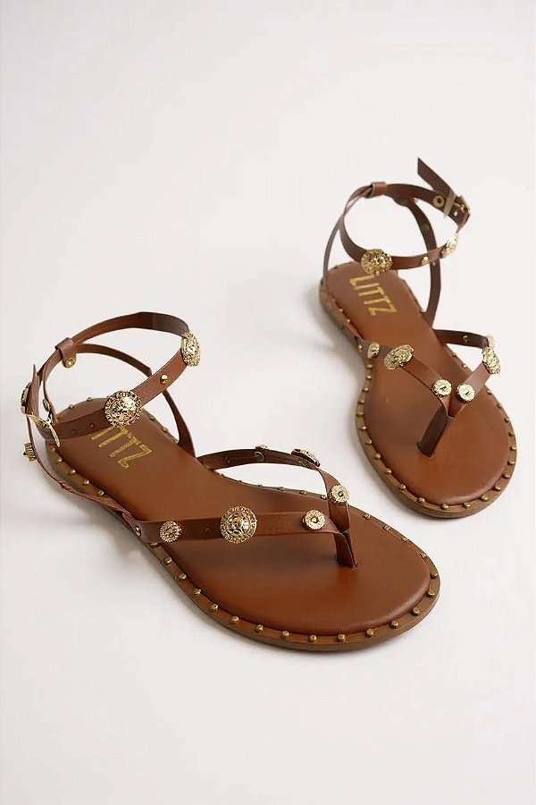 Sandália Feminina Littz Rasteira Tiira E Fivela  Caramelo/Ouro