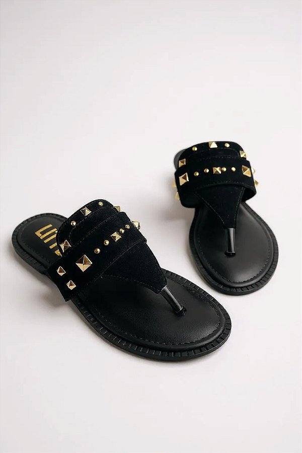 Sandalia Rasteira Feminina Com Spikes Calce Facil Camurca Preto/Ouro