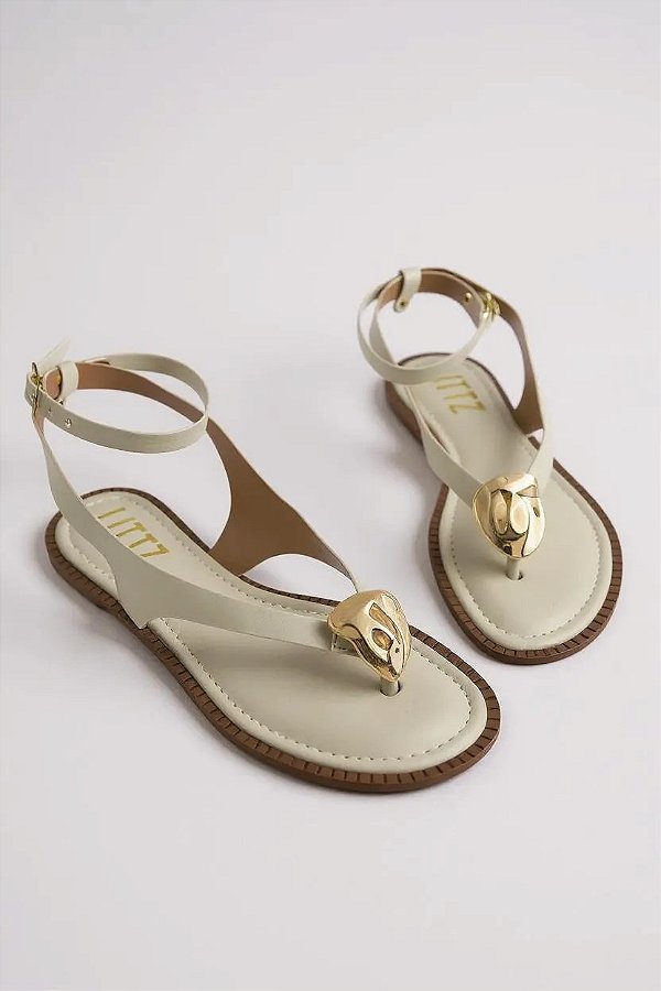 Sandalia Feminina Littz Com Fivela   Off White/Ouro