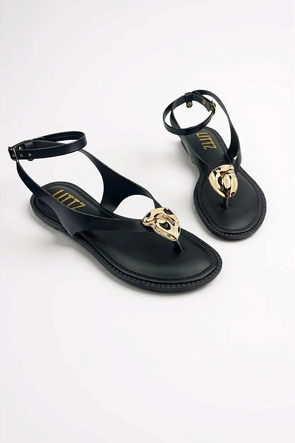 Sandalia Feminina Littz Com Fivela   Calf Preto/Ouro