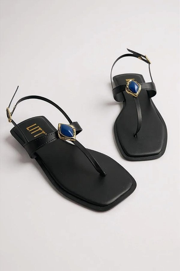 Sandalia Rasteira Feminino Littz Com Fivela E Pedraria   Preto/Turquesa/Ouro