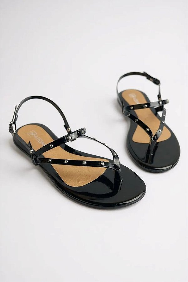 Sandalia Rasteira Addan Tiras Com Taxinhas  Preto Verniz