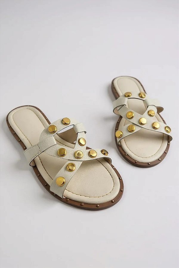 Rasteira Com Tiras Com Tachas Douradas Calce Facil Off White