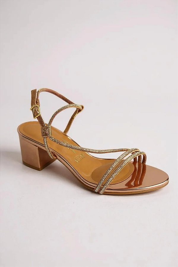 Sandália Vizzano Feminina Com Salto Médio E Tira Fina Dourado/Ouro Rosado