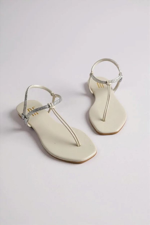 Sandalia Rasteira Anna Flor Calce Facil Com Strass Off White Sant/Cristal