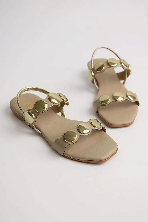 Sandália Rasteira Anna Flor Com Detalhes Em Dourado Conforto E Estilo  Feno