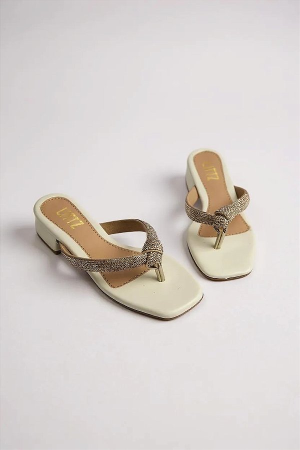 Tamanco Moleca  Com Salto Médio E Tira Nó Estilo Rasteira Confortável  Branco Off