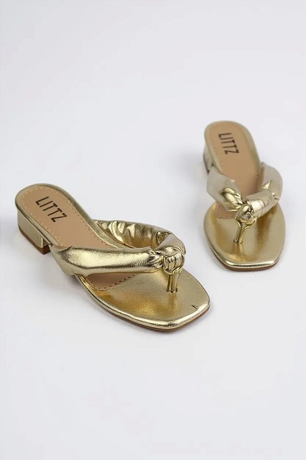 Tamanco Moleca Com Salto Médio E Tira Nó Estilo Rasteira Confortável  Ouro