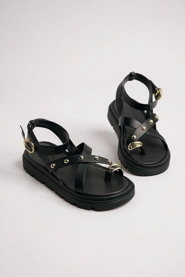 Sandália Rasteira Moleca Com Detalhes Dourados Confortável E Estilosa Preto