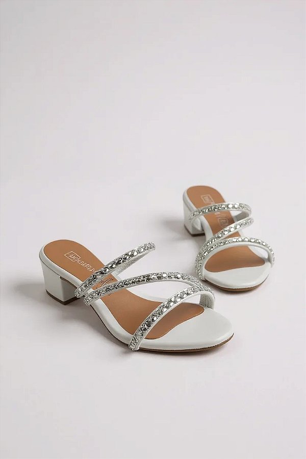 Tamanco Addan Feminino Com Strass E Salto Bloco Médio Para Conforto E Estilo Branco