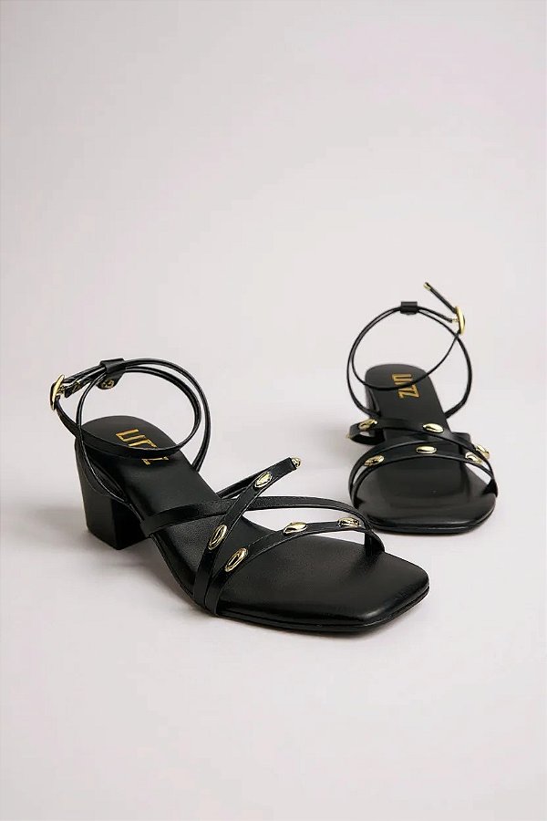 Sandália Com Salto Médio Littz Com Detalhes Metálicos E Tiras Finas  Preto