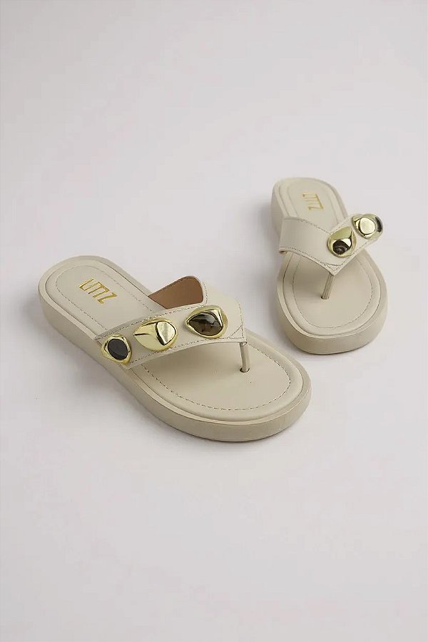 Tamanco Littz Feminino Marrom Com Detalhes Dourados Confortável E Estiloso Off White