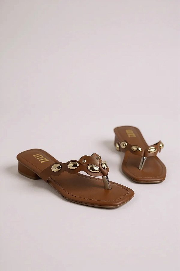 Tamanco Littz Feminino Com Detalhes Metálicos E Salto Baixo Confortável  Caramelo