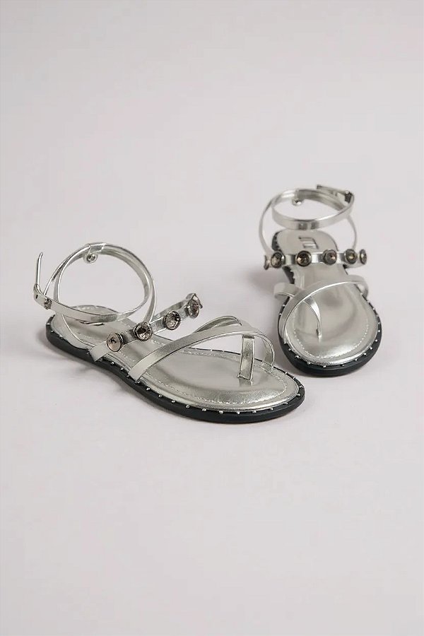 Sandália Rasteira Littz Com Pedras Decorativas E Tiras Finas Para Conforto  Prata