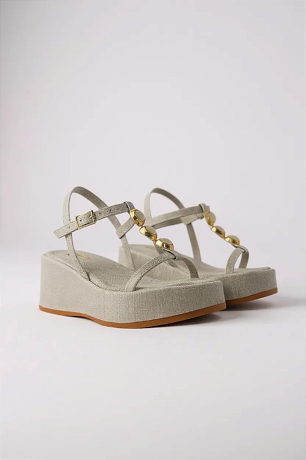 Sandalia Anabela Plataforma Tira Com Adorno Off White Linho