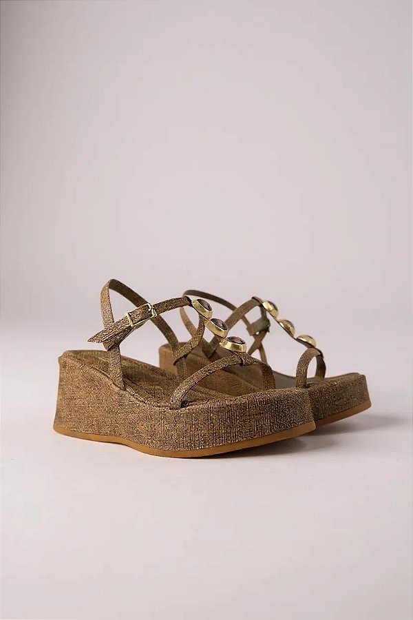 Sandalia Anabela Plataforma Tira Com Adorno Marrom Linho