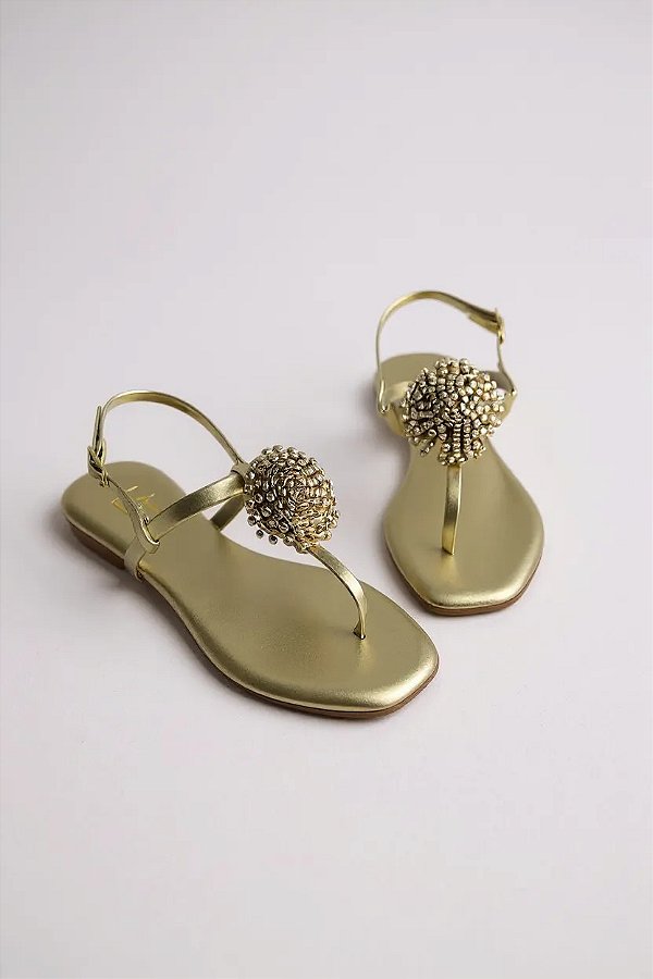 Sandalia Rasteira Feminina Com Detalhe De Flor  Ouro Light