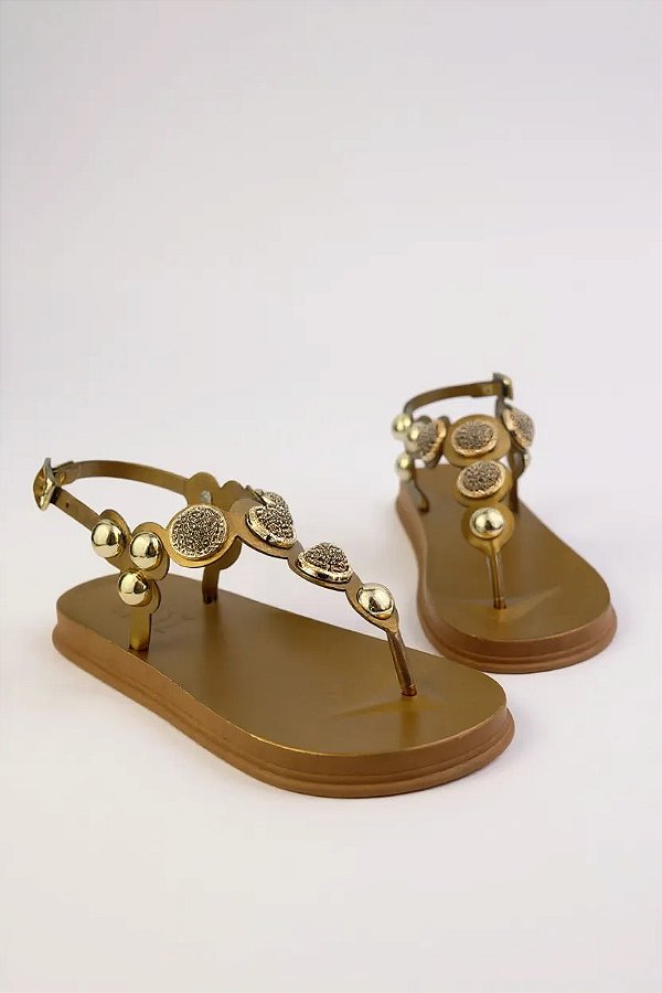 Sandália Rasteira Littz Com Detalhes Metalizadas  Bronze