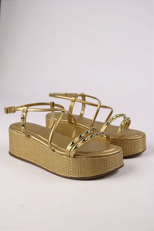 Sandalia Flat Littz Tira Com Adorno Ouro Light