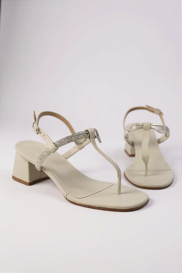 Sandalia Salto Bloco Littz Tira Unica Laço Strass  Off White