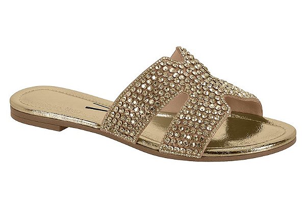 Sandalia Rasteira Vizzano Slide Com Aplicações Brilhantes Dourado
