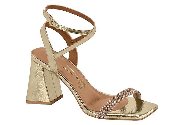 Sandália De Salto Vizzano Com Tiras Cruzadas E Salto Bloco Bege/Dourado