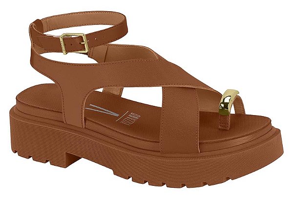 Sandalia Vizzano Flat Tratorada Com Detalhe Dourado Amarração Marrom