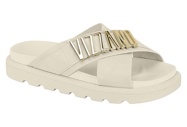 Sandalia Slide Vizzano Com Tiras Cruzadas E Detalhe Metalizado Branco Off