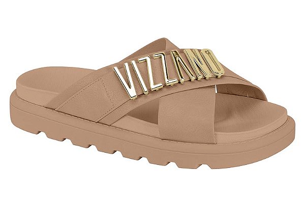 Sandalia Slide Vizzano Com Tiras Cruzadas E Detalhe Metalizado Nude
