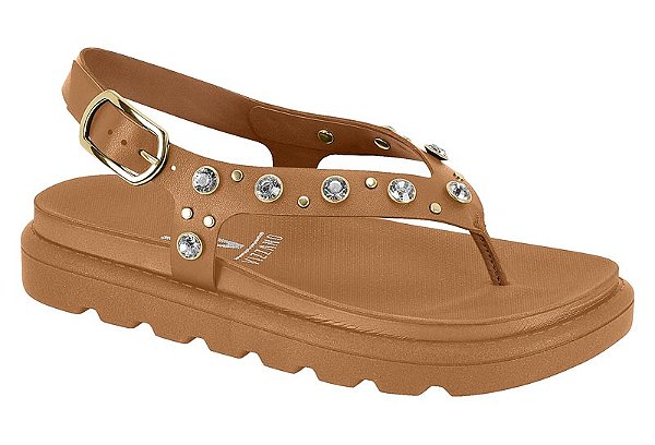 Sandália Rasteira Vizzano Com Pedrarias E Fivela Ajustável Camel