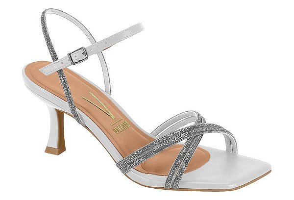 Sandália Vizzano Feminina Salto Médio Fino Preta Com Tiras Prateadas Branco/Cristal Salto: 7 cm