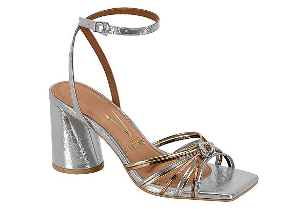 Sandália Vizzano Feminina De Salto Bloco Com Tiras Finas Prata/Dourado