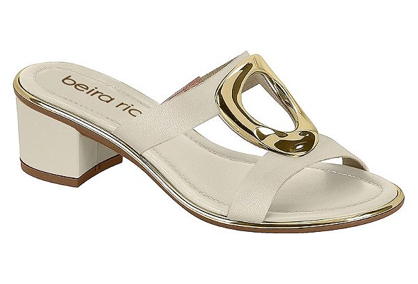 Tamanco Beira Rio Feminino De Salto Bloco Com Detalhe Metalizado Branco Off