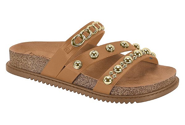 Papete Beira Rio Feminina Com Aplicações Douradas Camel