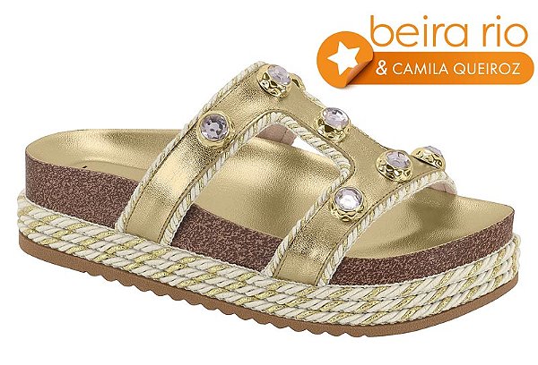 Birken Beira Rio Feminina Plataforma Com Pedrarias Dourado
