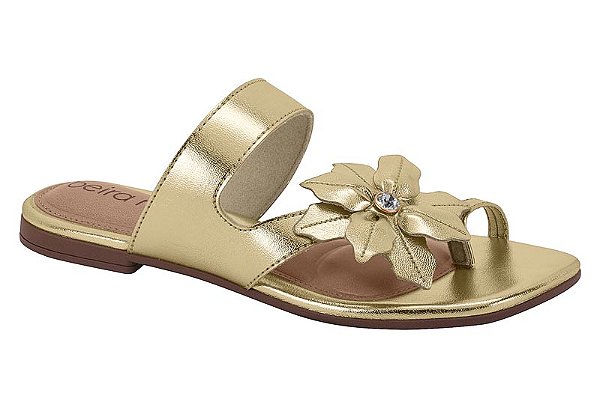 Sandália Rasteira Beira Rio Feminina Com Flor E Strass Dourado