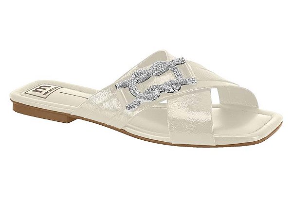 Sandalia Rasteira Feminina Com Tiras Cruzadas E Fivela Brilhante Branco Off