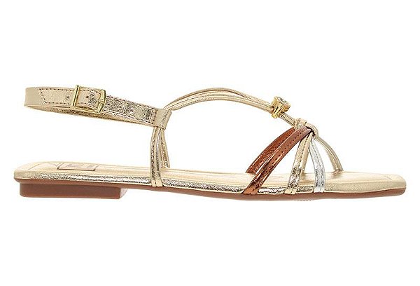 Sandália Rasteira Feminina Com Tiras Finas E Detalhe De Strass Dourado